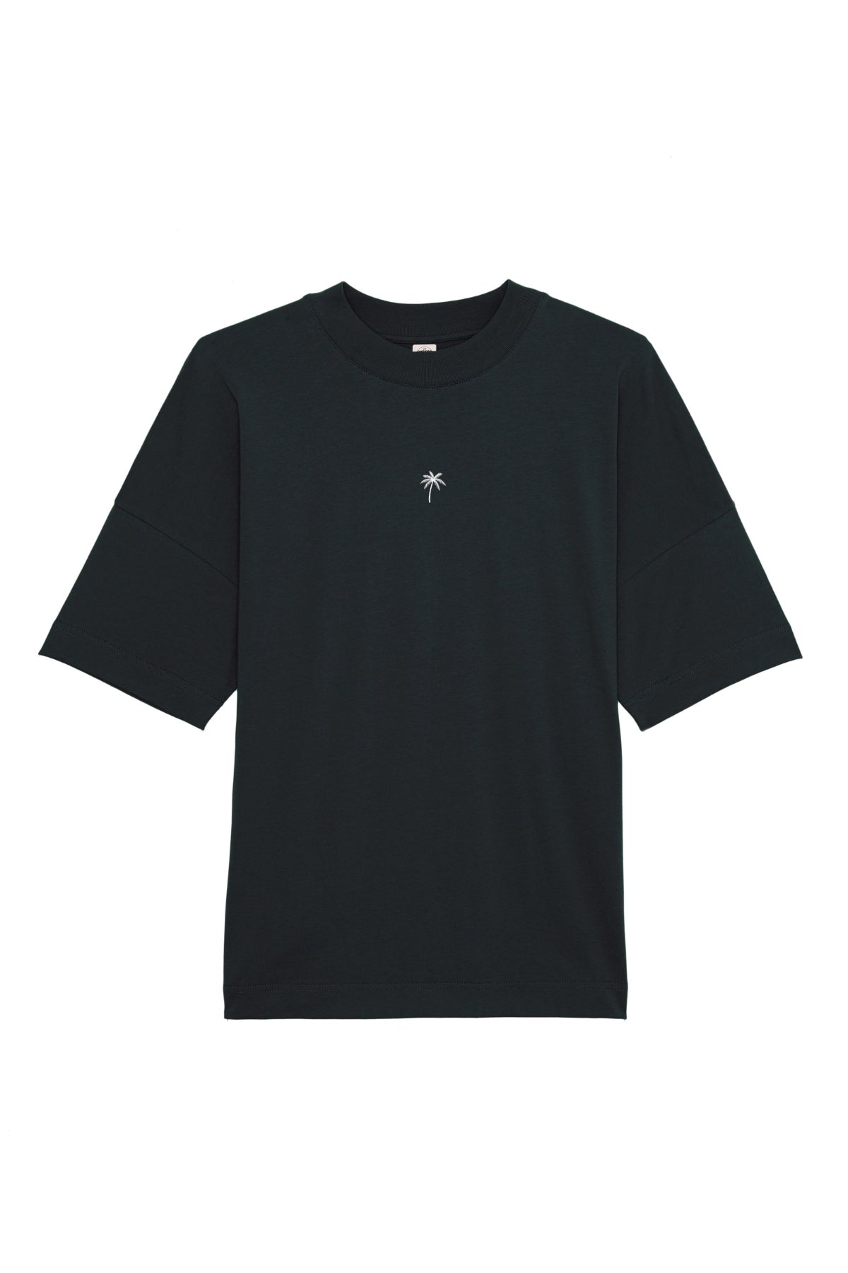 Oversized T-Shirt in Schwarz mit weißer Palmenstickerei – Frontansicht