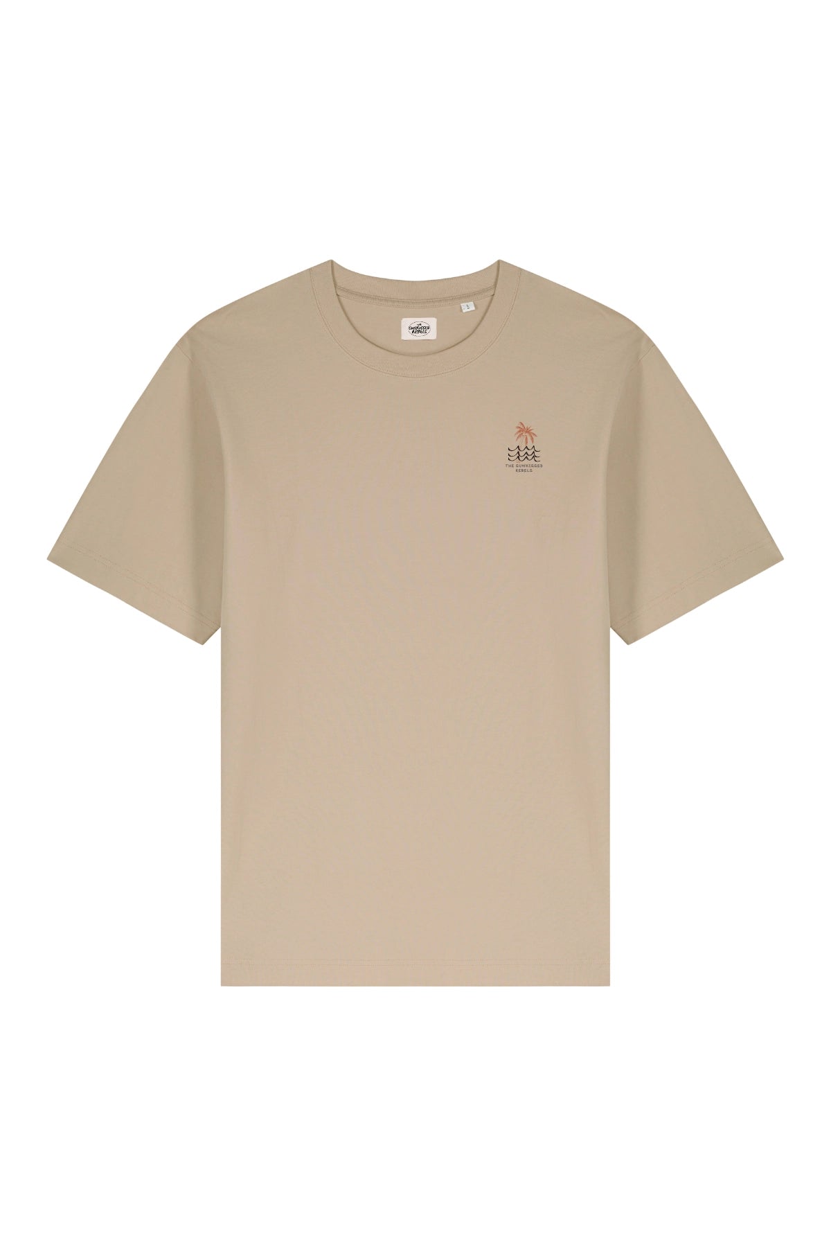 Beiges T-Shirt mit Palmen- und Wellenlogo vorne – The Sunkissed Rebels