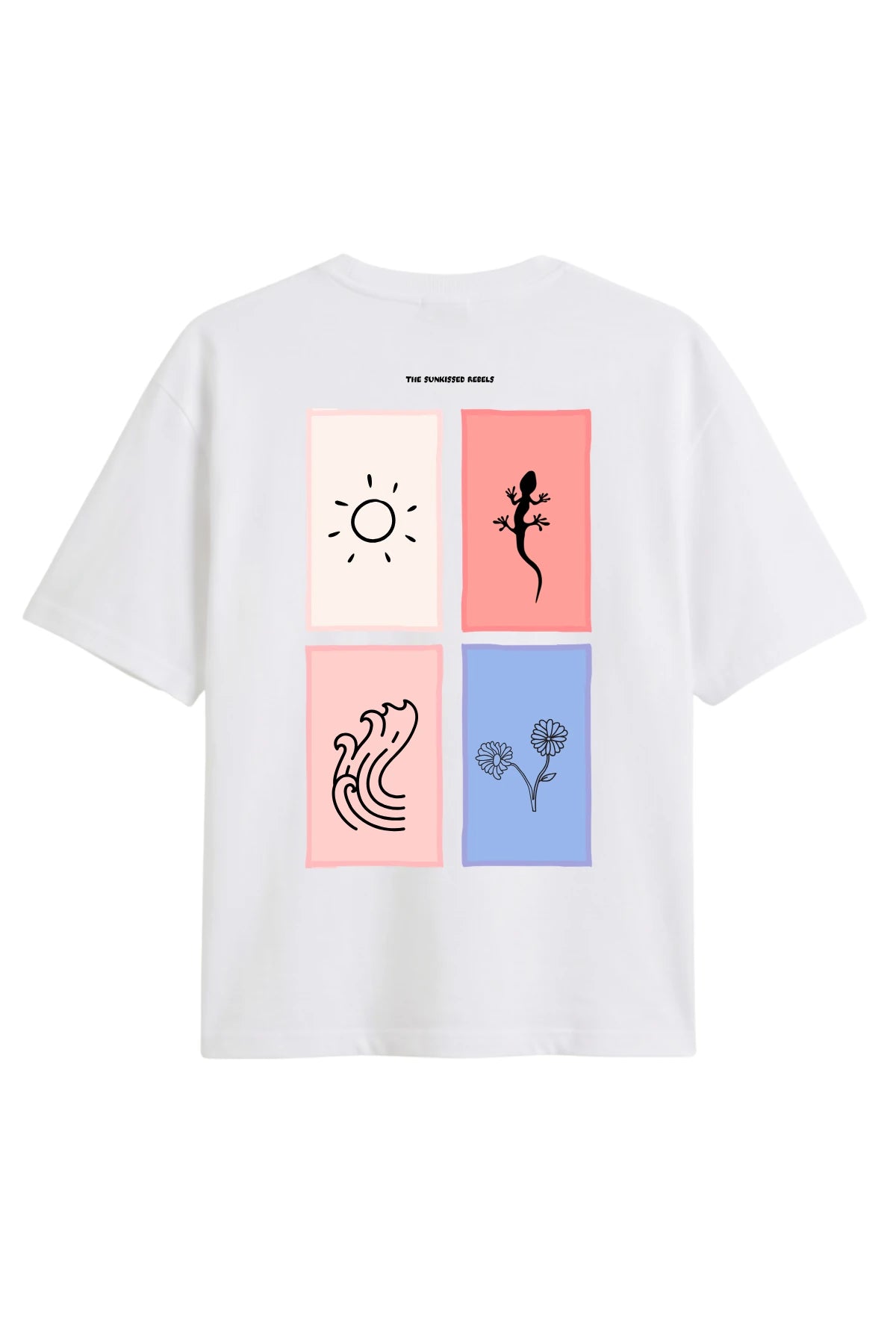 Weißes Oversized T-Shirt mit grafischem Rückenprint aus Sonne, Welle, Gecko und Blumen