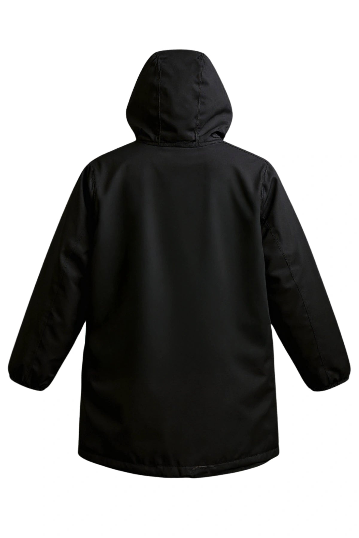 „Rückansicht der Rebels Waterproof Sherpa Jacket in Schwarz mit Kapuze und verlängertem Schnitt.“