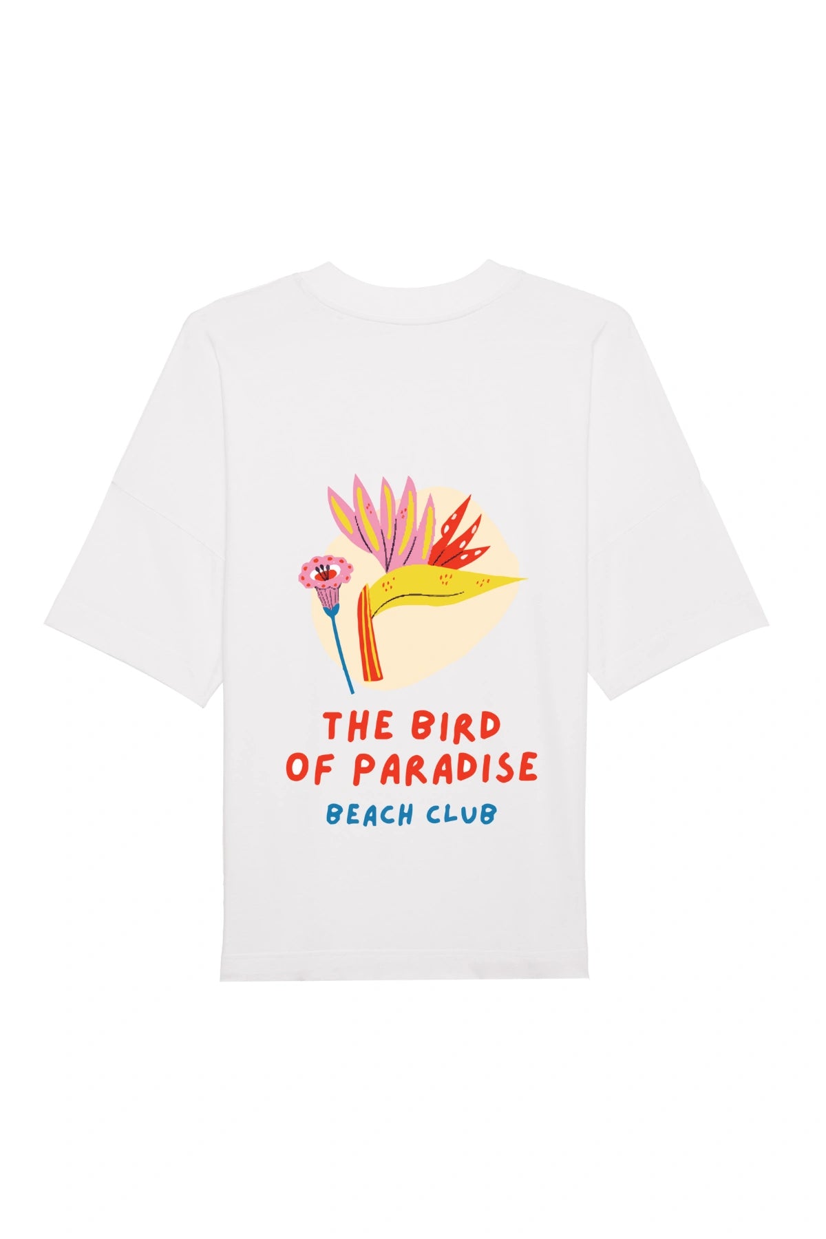Produktfoto Rückansicht: Weißes Oversized T-Shirt The Bird of Paradise mit tropischem Print von The Sunkissed Rebels