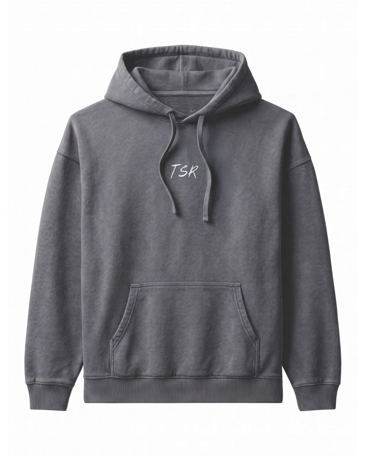 Grauer Oversized Heavy Hoodie aus 100 % Bio-Baumwolle mit Vintage-Waschung, Kängurutasche und weißem TSR-Frontprint.