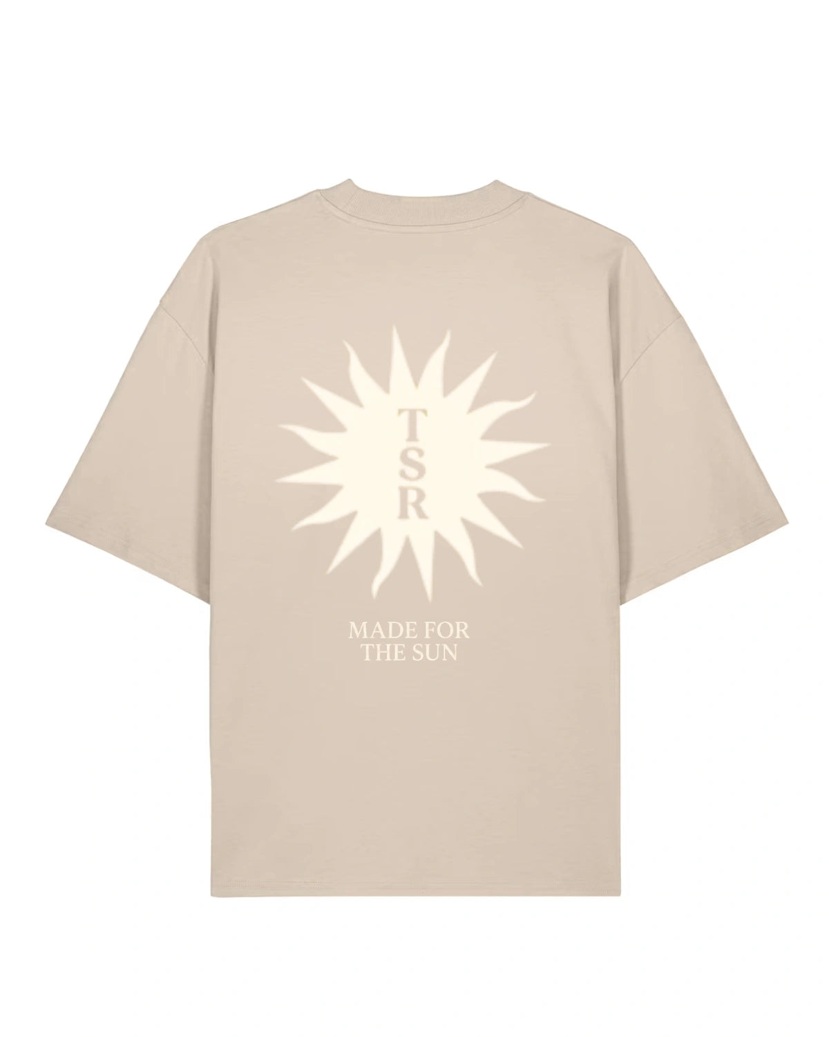 Rückseite des Sunburst Boxy Tees in Stone mit großem weißen Sonnenmotiv, TSR-Schriftzug und „Made for the Sun“-Backprint.