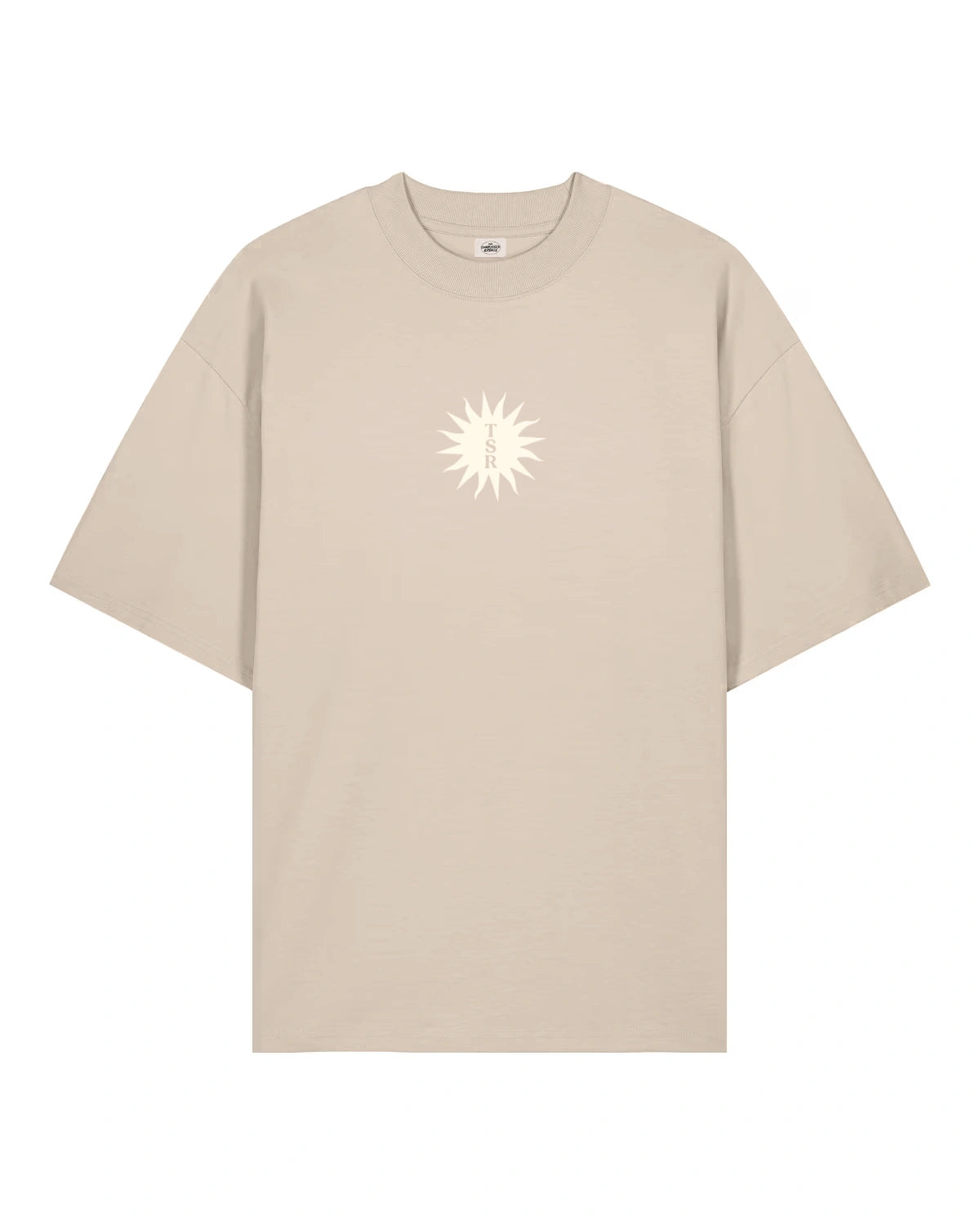 Sunburst Boxy Tee in Stone von The Sunkissed Rebels – beiges Oversized T-Shirt mit weißem TSR-Sonnenprint auf der Brust.