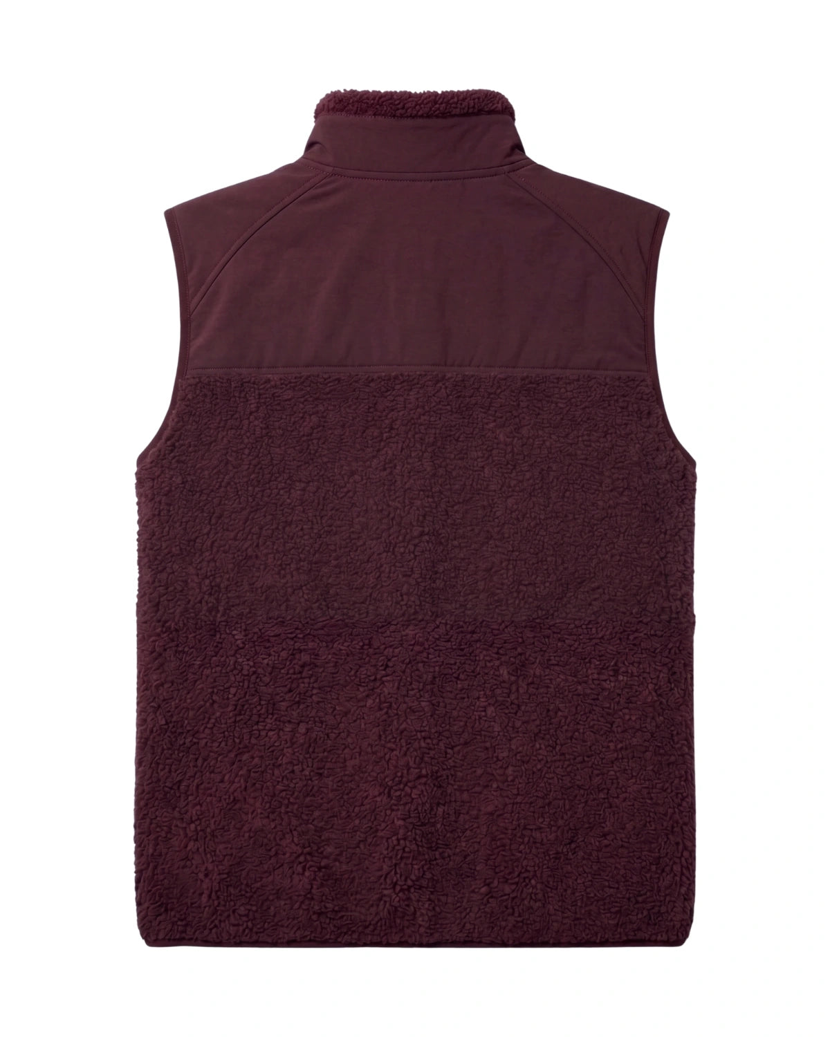 Rückansicht der Sundown Fleece Vest in Burgundy mit weichem Sherpa-Fleece, glattem Schulterbereich und hohem Stehkragen.