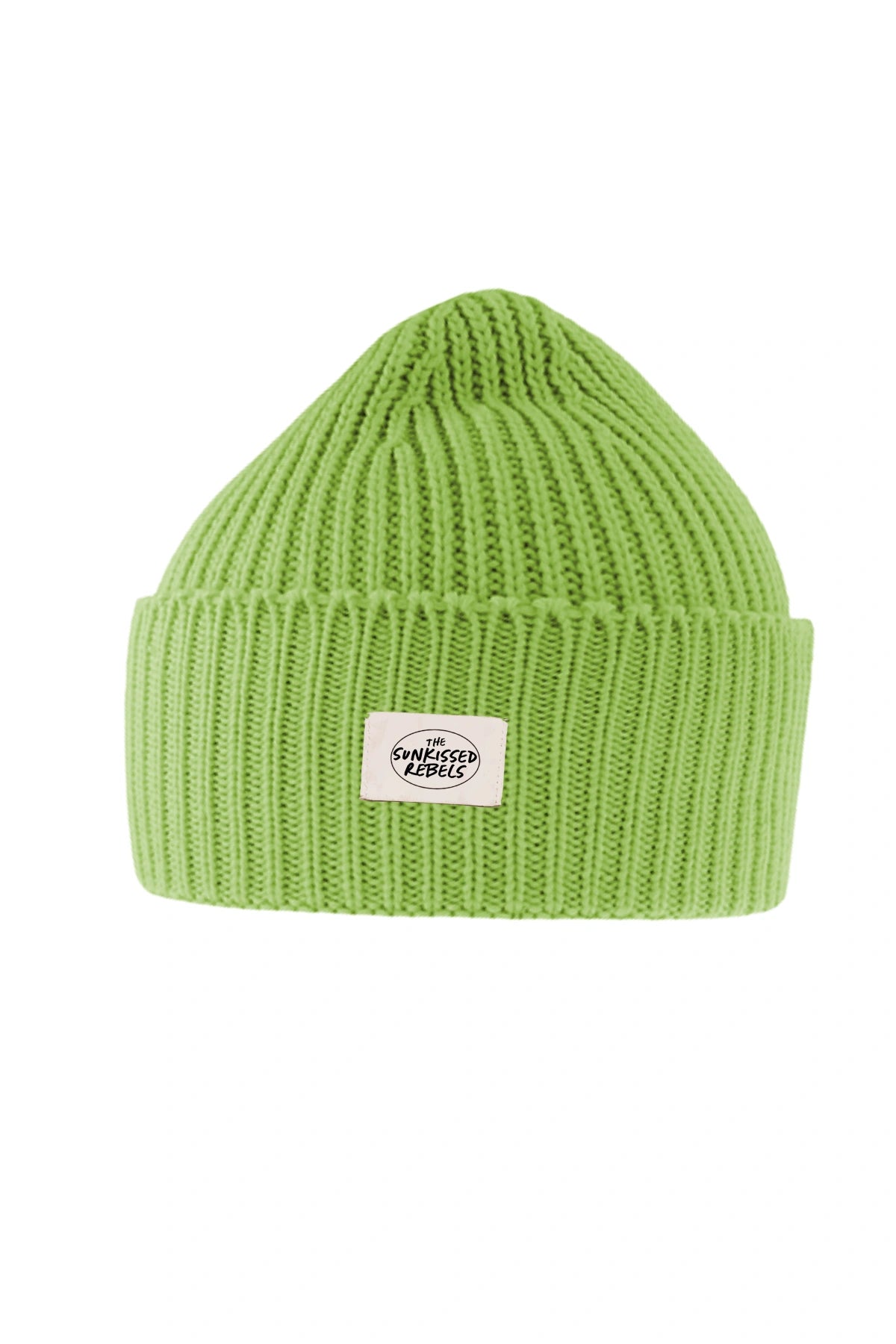 Lime Punch Beanie von The Sunkissed Rebels aus gerippter Strickstruktur vor weißem Hintergrund
