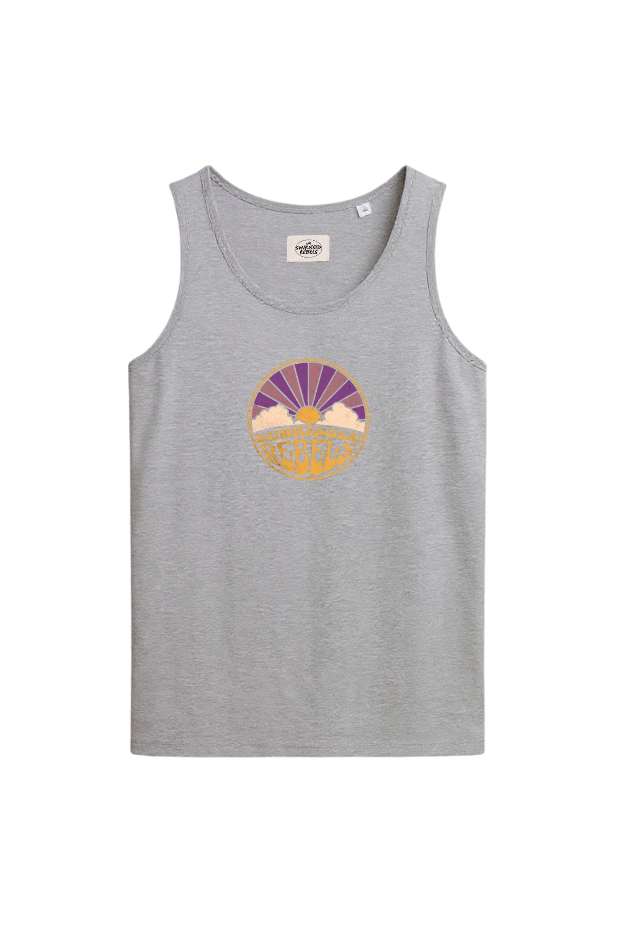 Sunkissed Rebels Tank Top in Grau – Vorderansicht mit zentralem Retro-Sunset-Logo.