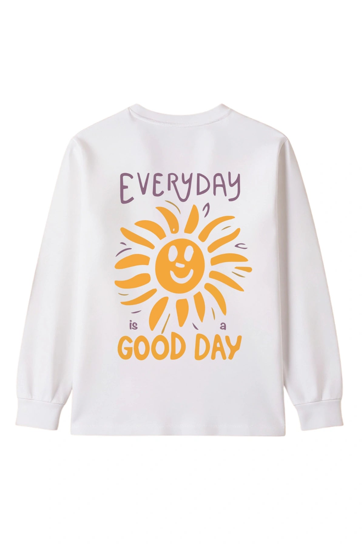 Rückansicht des weißen The Sunkissed Rebels Longsleeves mit buntem „Everyday is a Good Day“-Print und lachender Sonne in Gelb und Lila.