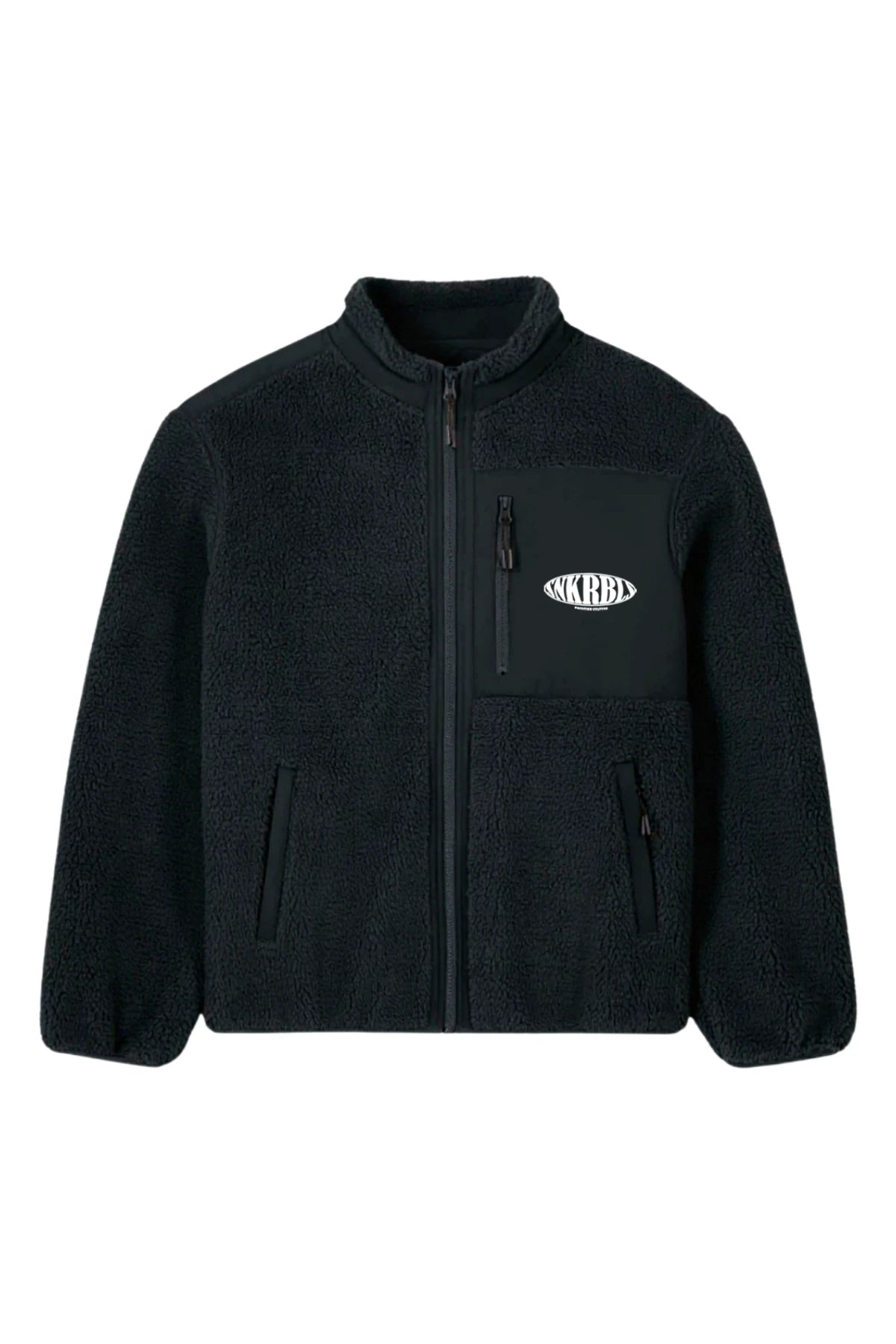 Vorderansicht der schwarzen The Sunkissed Rebels Fleece Jacke mit Reißverschluss, Brusttasche und Logo-Print.