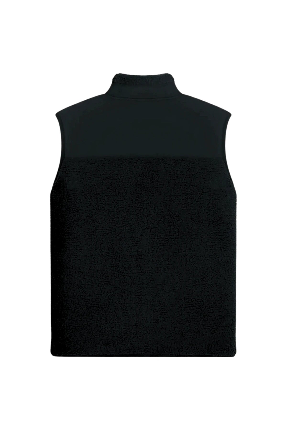 Rückansicht der schwarzen The Sunkissed Rebels Fleece Weste mit glatter Schulterpartie und flauschigem Material.