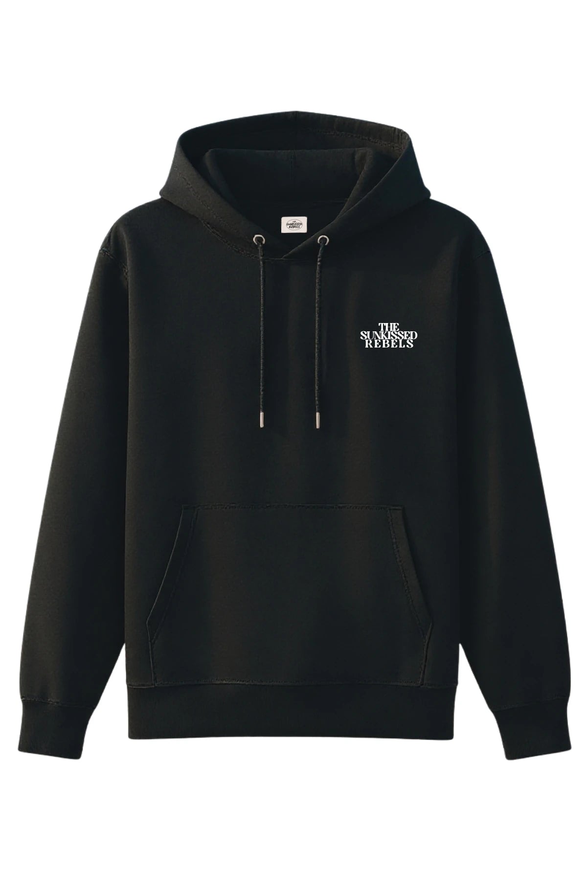 Vorderansicht des schwarzen The Sunkissed Rebels Hoodies mit kleinem weißen Markenlogo auf der Brust.