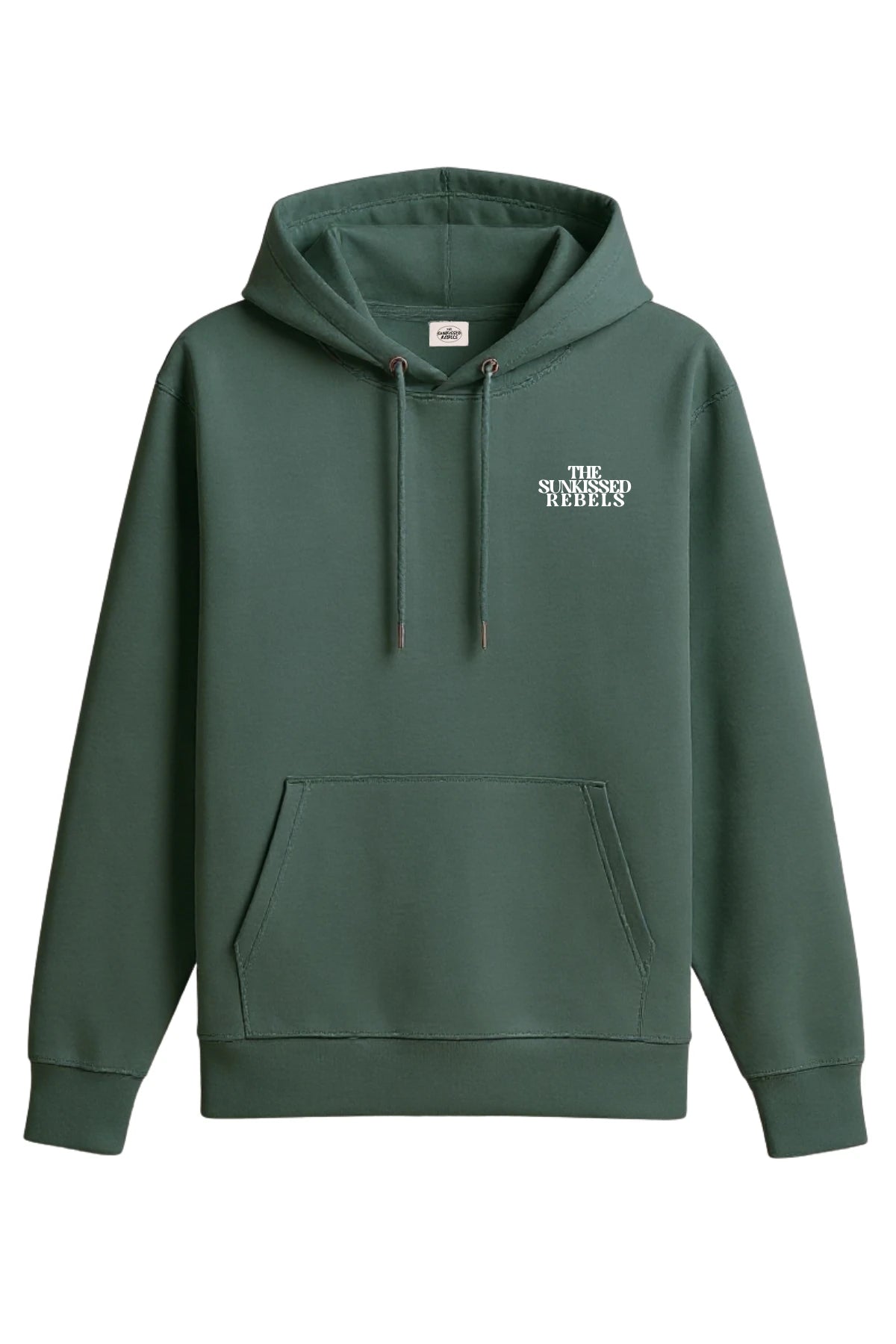 Vorderansicht des grünen The Sunkissed Rebels Hoodies mit weißem Markenlogo auf der Brust.