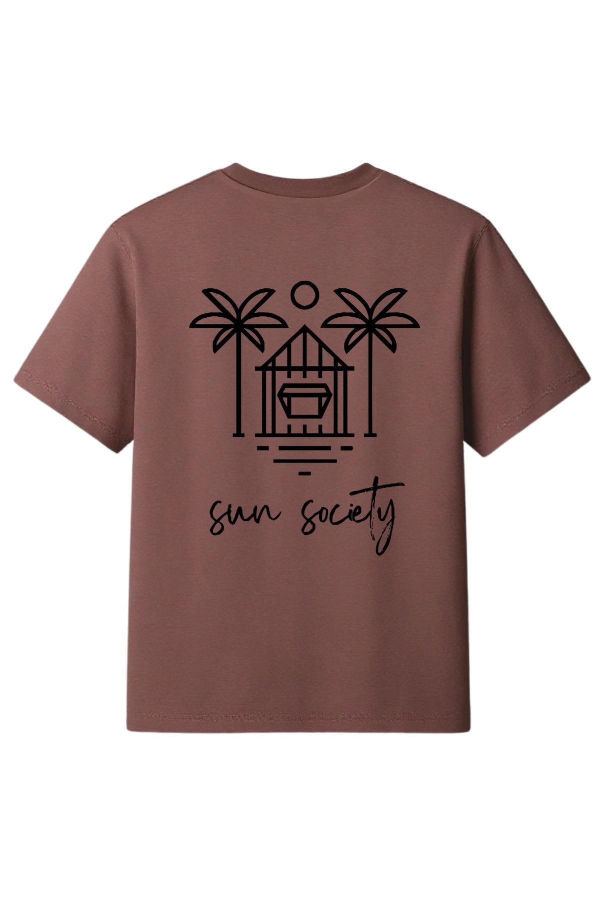 Rückansicht des bordeauxfarbenen The Sunkissed Rebels Oversized T-Shirts mit großem „Sun Society“-Design und Palmenmotiv.