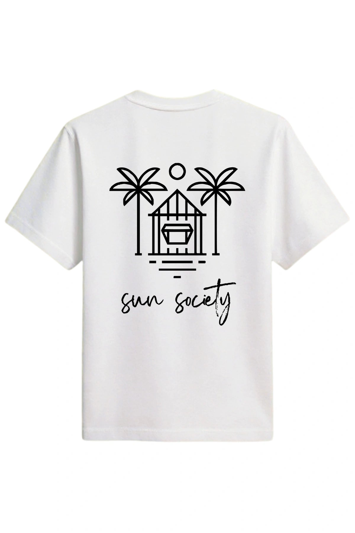 Rückansicht des weißen The Sunkissed Rebels Oversized T-Shirts mit großem „Sun Society“-Design mit Palmen und Strandhaus.