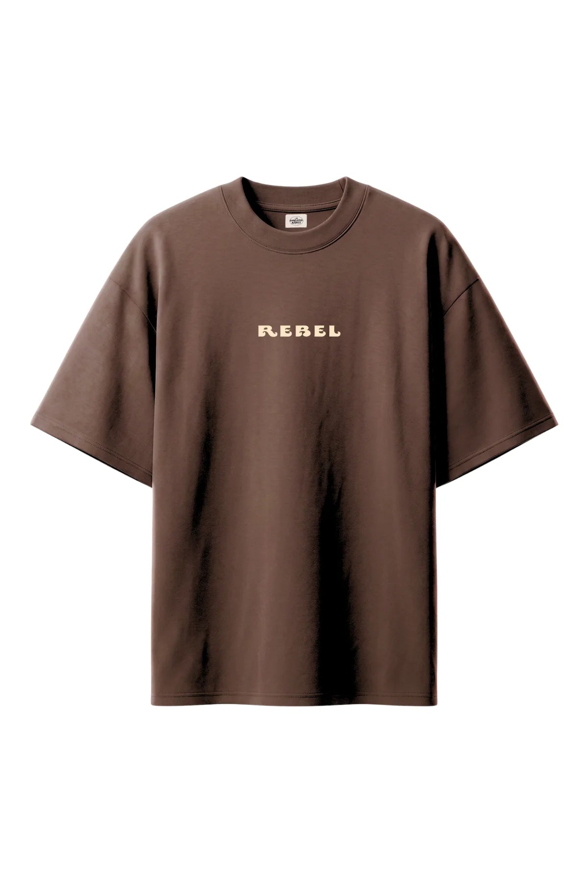 Braunes Boxy Oversized T-Shirt mit Stehkragen und Rebel Brustprint The Sunkissed Rebels