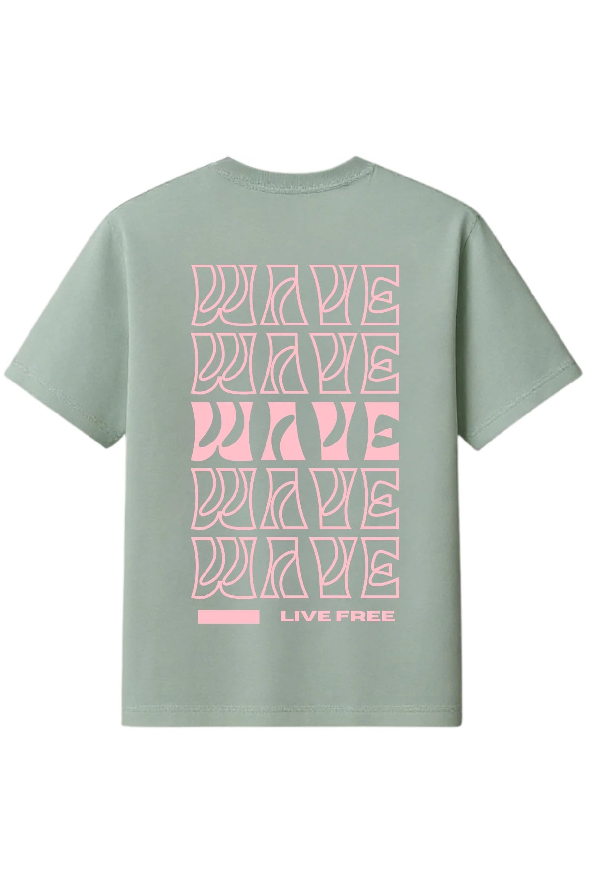 Rückansicht des grünen The Sunkissed Rebels T-Shirts mit rosa „WAVE“-Print und dem Motto „LIVE FREE“.