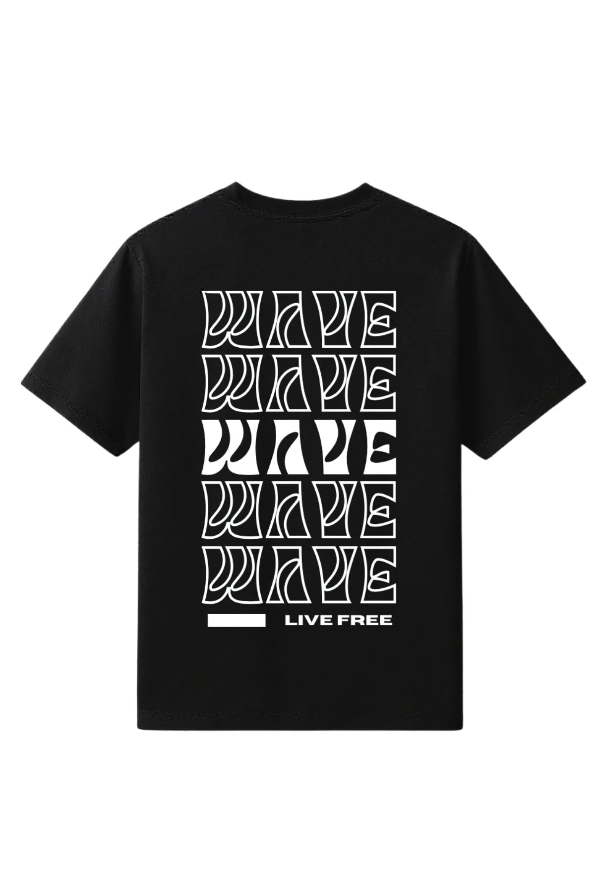 Rückansicht des schwarzen The Sunkissed Rebels T-Shirts mit wiederholtem „WAVE“-Schriftzug und dem Motto „LIVE FREE“.