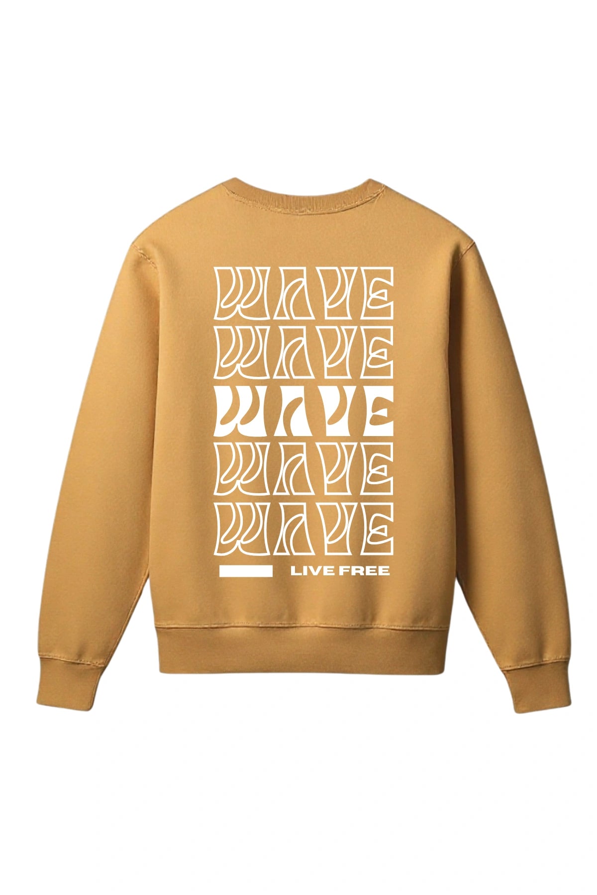 Rückansicht des goldfarbenen The Sunkissed Rebels Vintage Sweaters mit großem weißen „WAVE LIVE FREE“-Print.