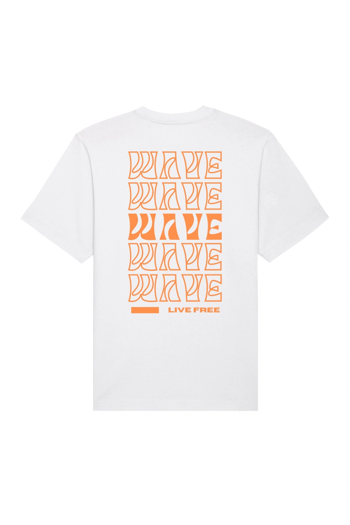 Rückansicht des weißen Oversized T-Shirts mit WAVE Print in Orange – The Sunkissed Rebels