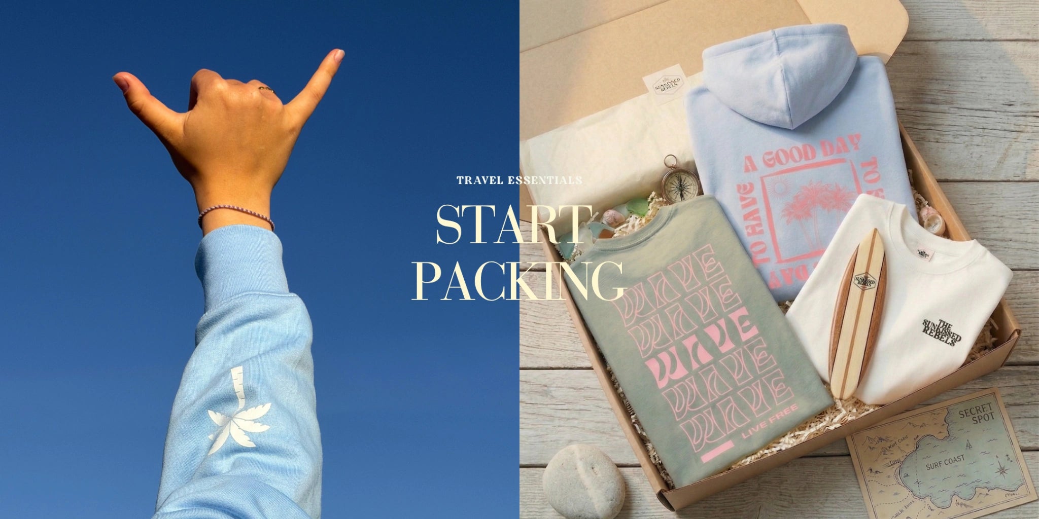 Flatlay mit Kleidung im Karton, Hoodie, T-Shirts und Accessoires, Reise Essentials im Beach Lifestyle Stil