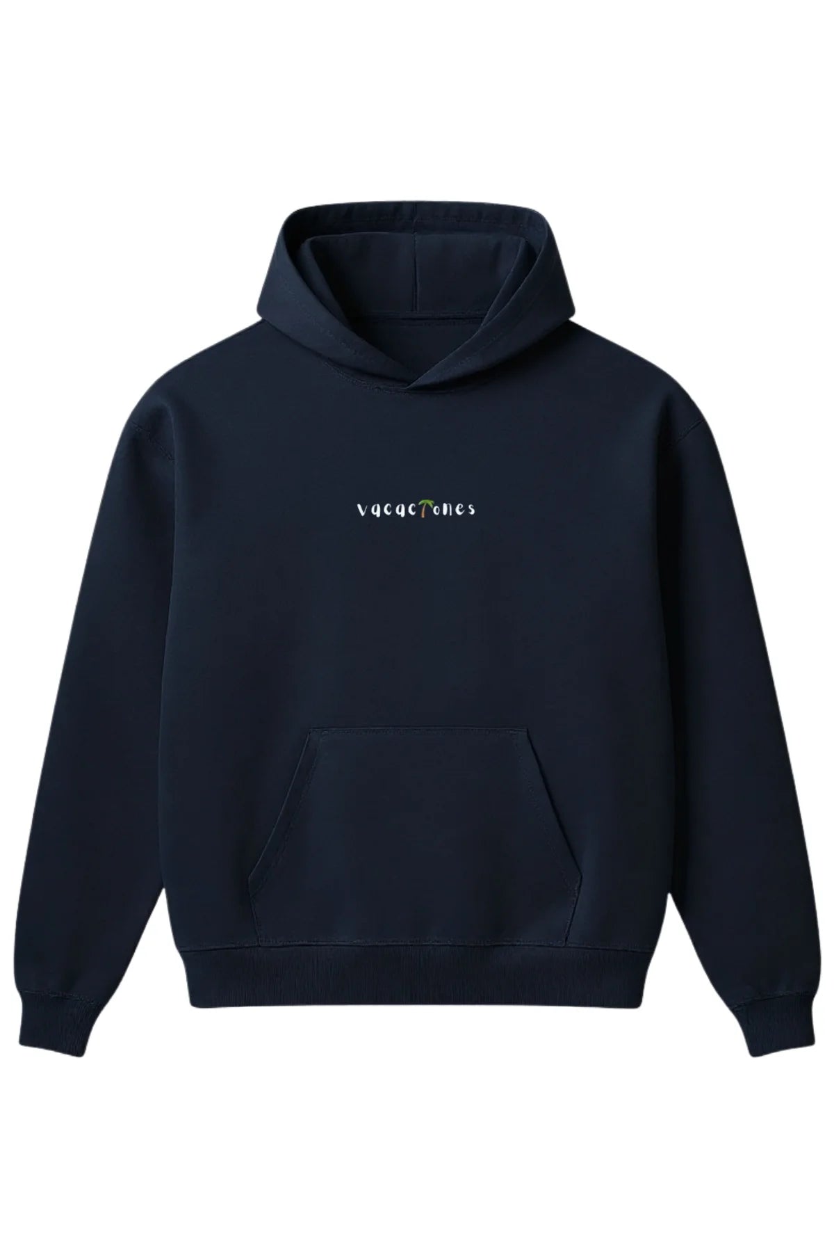 Frontansicht des Vacaciones Oversized Hoodies in Dark Ocean mit Palmenstickerei.