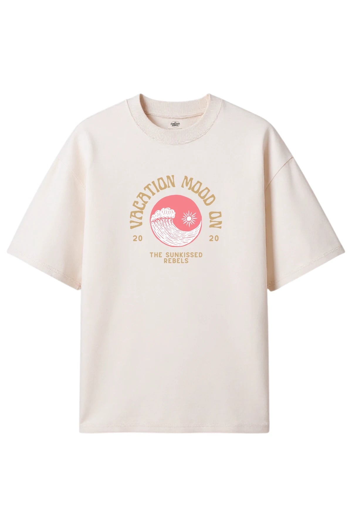 Vacation Mood On T-Shirt in Cream mit Frontprint – Boxy Oversized Fit, weicher Stoff, lässiger Sommer-Look.