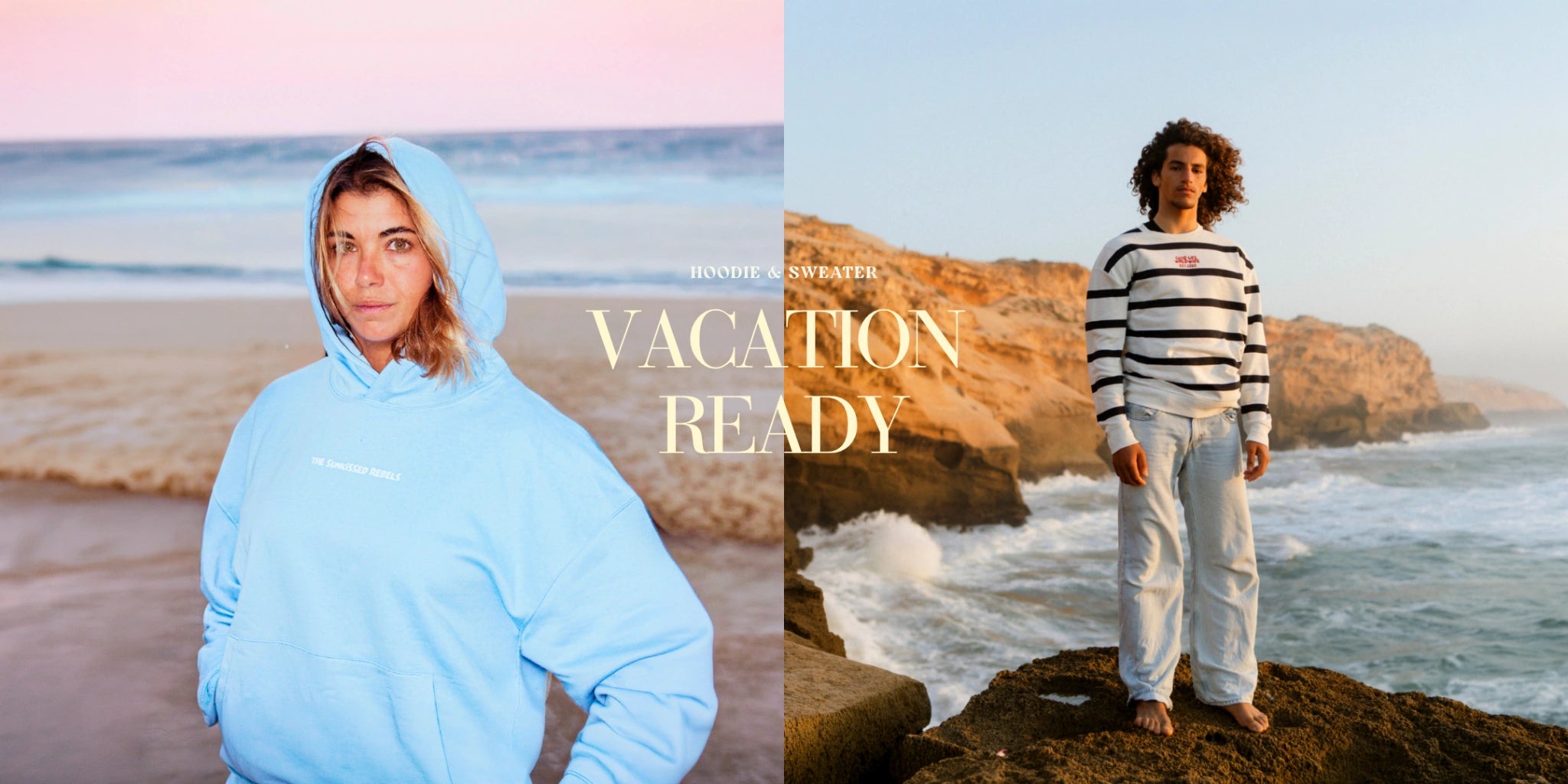 Zwei Personen am Strand und an Klippen tragen Hoodie und Sweater, entspannter Coastal Lifestyle, ready für Urlaub