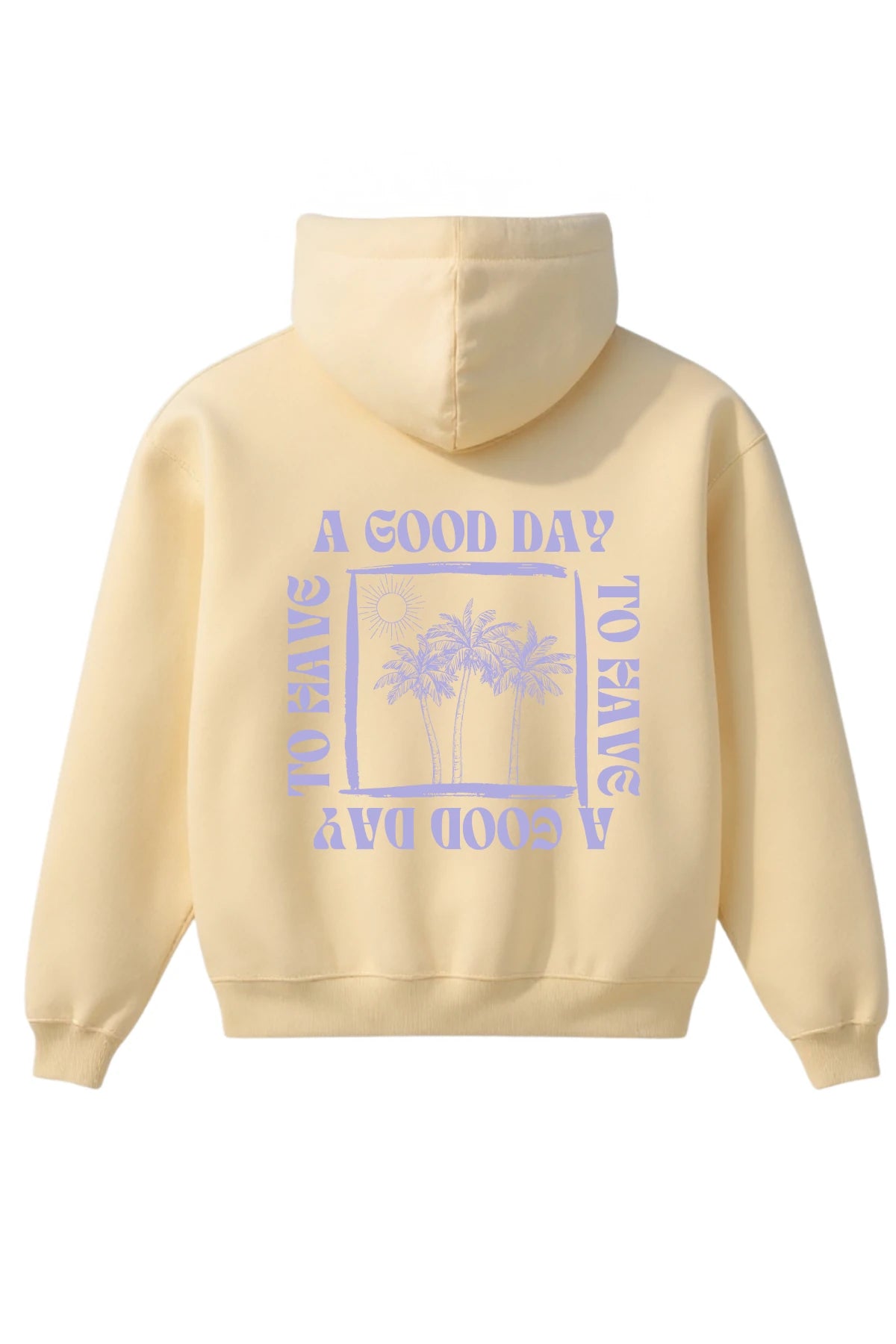Buttergelber Hoodie mit großem Rückendruck ‘A GOOD DAY TO HAVE A GOOD DAY’ in Lila und Palmenmotiv, Design von The Sunkissed Rebels