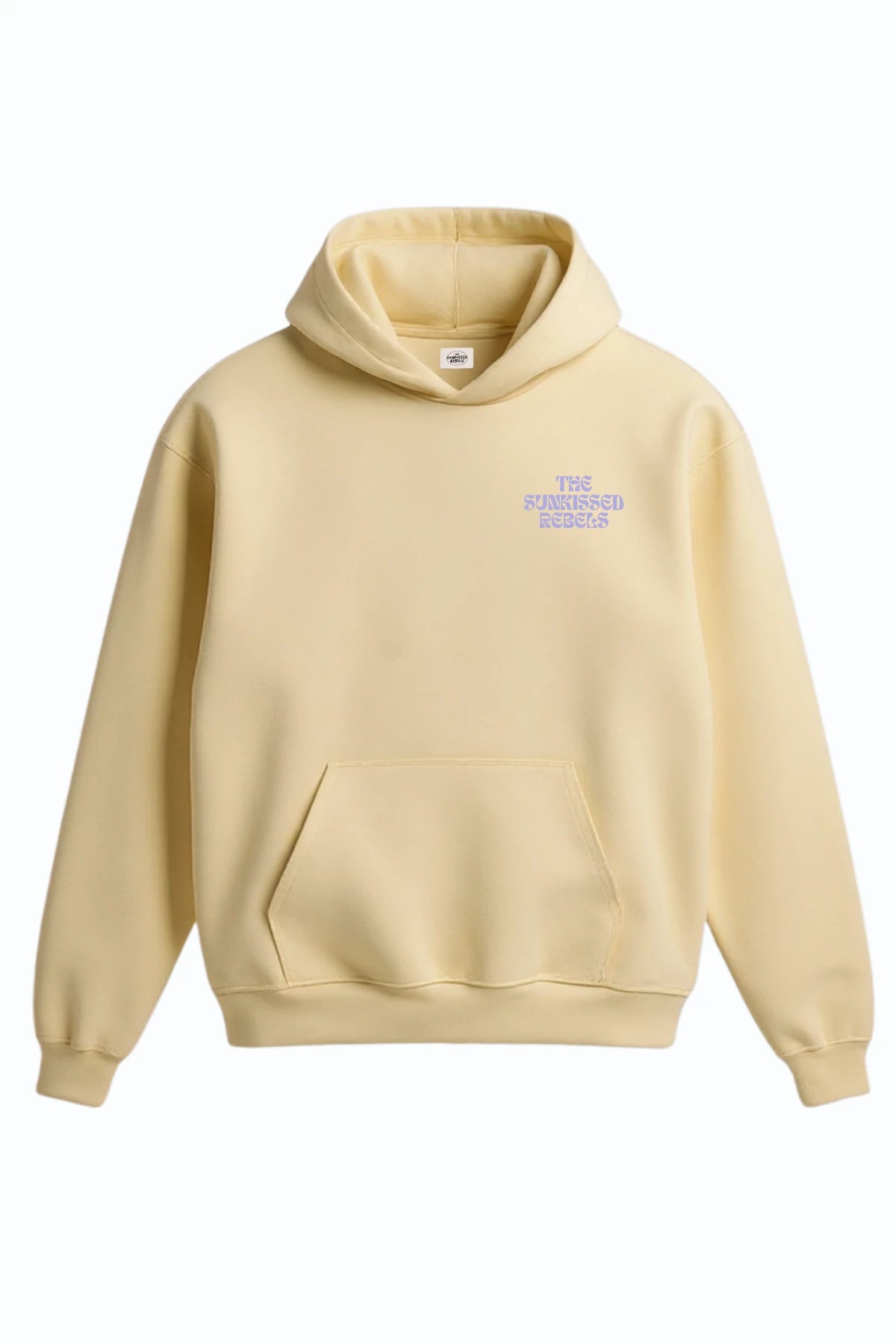 Buttergelber Hoodie mit lila Brustlogo ‘THE SUNKISSED REBELS’.