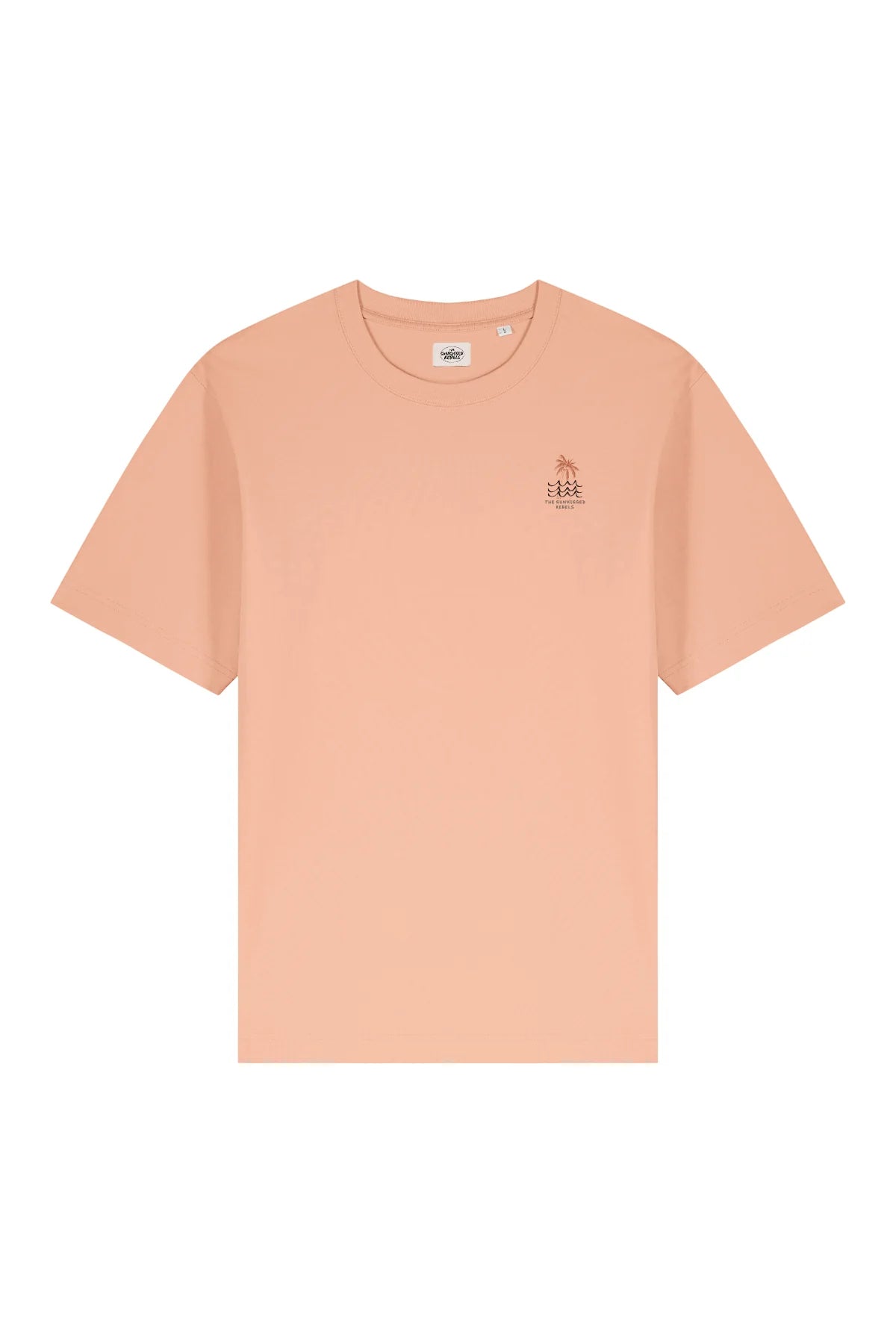 Vorderansicht des korallfarbenen Oversized T-Shirts mit Wellen- und Palmen-Print von The Sunkissed Rebels